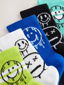 Sokken|Next Blauw/groen met graffiti-smile - Set van 5 paar geribbelde sokken met verzacht voetbed, katoengehalte en gekleurde boorden
