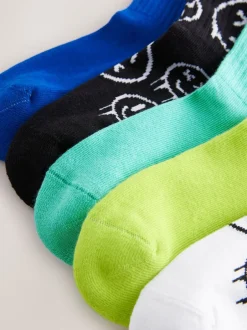 Sokken|Next Blauw/groen met graffiti-smile - Set van 5 paar geribbelde sokken met verzacht voetbed, katoengehalte en gekleurde boorden
