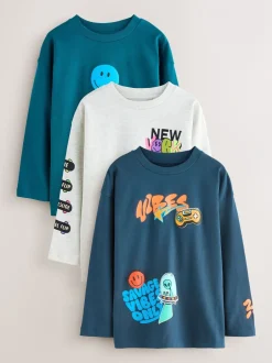 T-Shirts|Tops|Next Blauwgroen/blauw/grijs felle graffiti - 3 Relaxed Fit T-shirts met grafische print en lange mouwen (3-16jr)