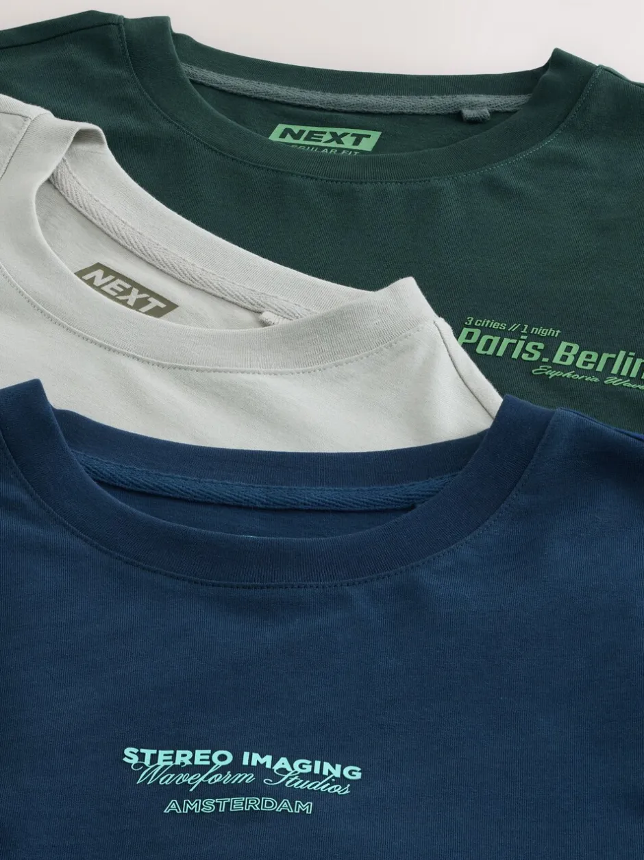 T-Shirts En Hemden|Next Blauw/Groen/Kiezelkleurig - Relaxed Fit Long Sleeve Graphic Multipack T-Shirt