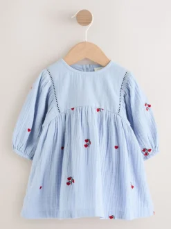 Jurken|Jurken|Next Blauw/rood - Baby Long Sleeve Embroidered Dress (0mths-2yrs)