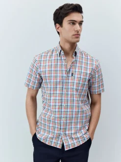 Shirts*Next Blauw/rood geruit - Strijvrij Oxford overhemd met korte mouwen en knopen