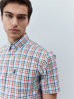 Shirts*Next Blauw/rood geruit - Strijvrij Oxford overhemd met korte mouwen en knopen