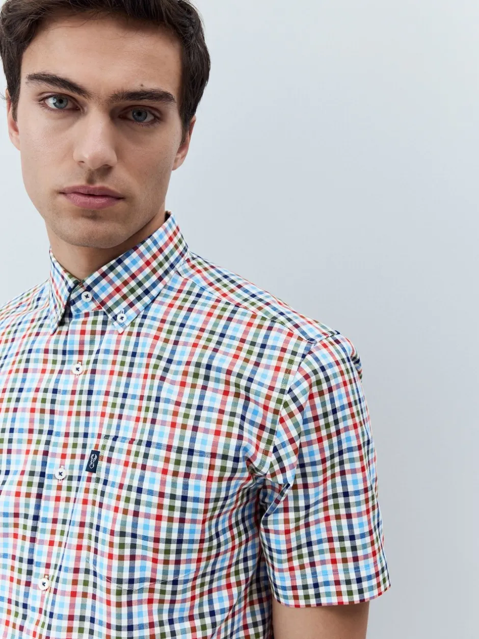 Shirts*Next Blauw/rood geruit - Strijvrij Oxford overhemd met korte mouwen en knopen