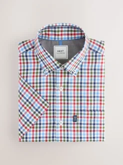 Shirts*Next Blauw/rood geruit - Strijvrij Oxford overhemd met korte mouwen en knopen