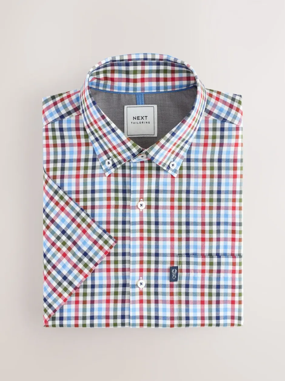 Shirts*Next Blauw/rood geruit - Strijvrij Oxford overhemd met korte mouwen en knopen