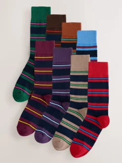 Sokken|Sokken*Next Blauw/rood/bruin gestreept - Set van 8 sokken met patroon