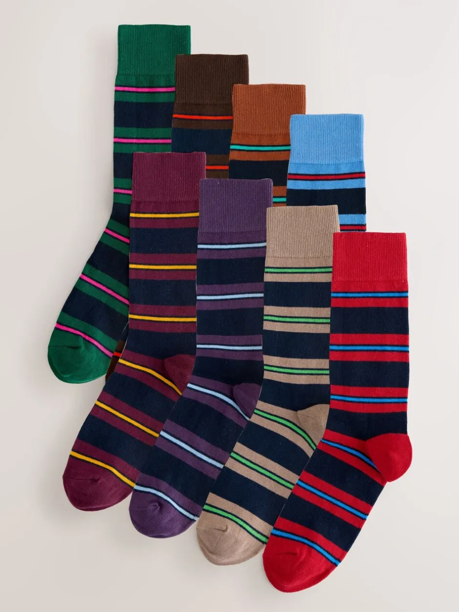 Sokken|Sokken*Next Blauw/rood/bruin gestreept - Set van 8 sokken met patroon