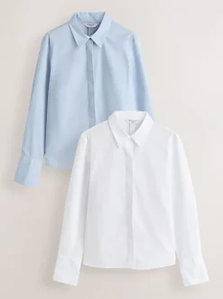 Tops En T-Shirts|Blouses En Overhemden|Next - Fitted Stretch Essential Long Sleeve Shirts 2 Pack Blauw/wit