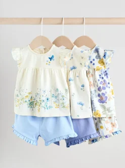Tops|Tops*Next - 6 -delig Baby Set van T-shirt met ruches en short (0mnd-2jr) Blauw/wit met bloemenprint
