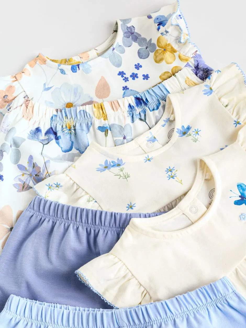 Tops|Tops*Next - 6 -delig Baby Set van T-shirt met ruches en short (0mnd-2jr) Blauw/wit met bloemenprint