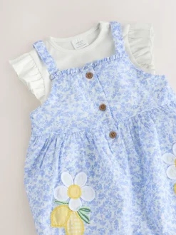 Tuinbroeken|Next Blauw/wit met bloemenprint - Babyset van rompertje met korte mouwen en bretelbroek (0mnd -2jr)