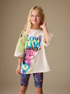 Shorts En Rokken*Next - T-Shirt and Cycle Shorts Set (3-16yrs) Blauw/wit met graffitiprint