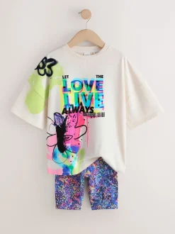 Shorts En Rokken*Next - T-Shirt and Cycle Shorts Set (3-16yrs) Blauw/wit met graffitiprint