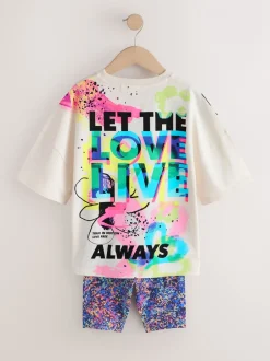 Shorts En Rokken*Next - T-Shirt and Cycle Shorts Set (3-16yrs) Blauw/wit met graffitiprint