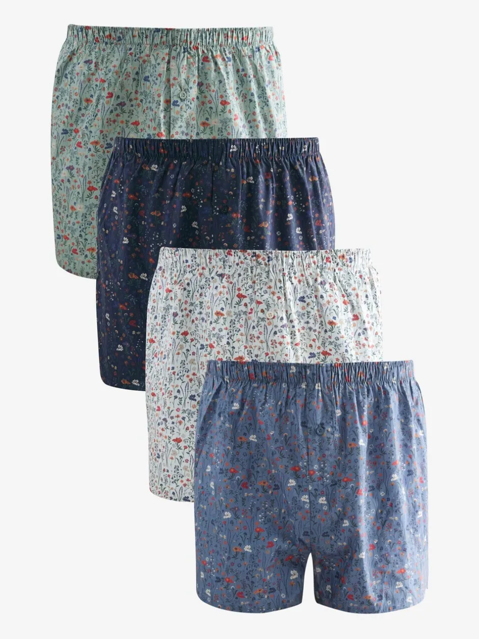 Ondergoed|Ondergoed*Next Blauw/wit/groen met bloemenprint - Verpakking van 4 - Geweven boxershorts van puur katoen