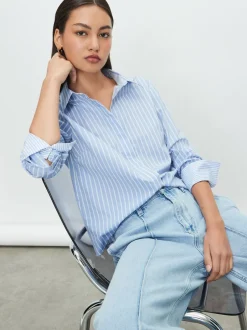 Blouses En Overhemden|Tops En T-Shirts*Next Blauw/witte streep - Fitted Stretch Essential Long Sleeve Shirt