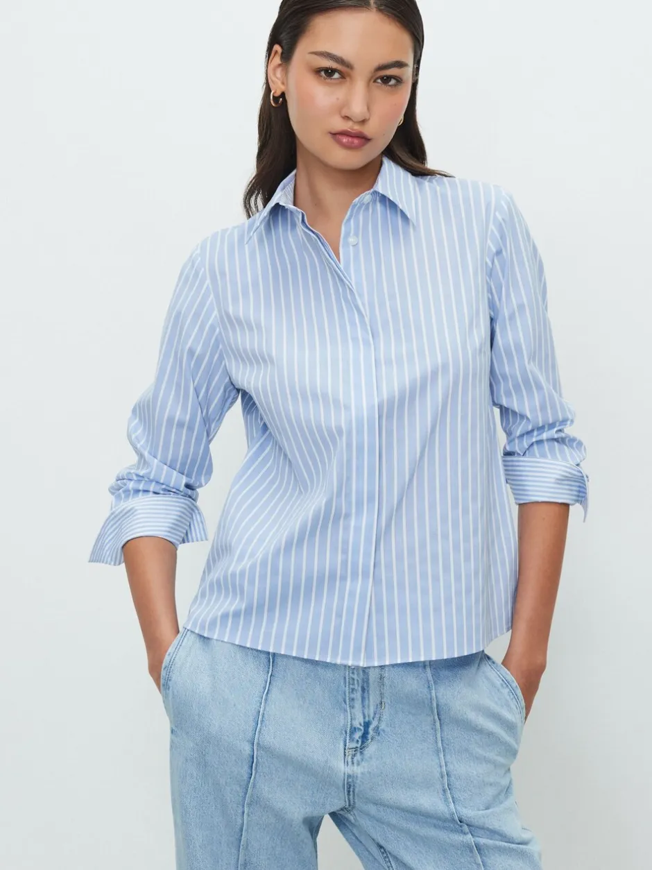 Blouses En Overhemden|Tops En T-Shirts*Next Blauw/witte streep - Fitted Stretch Essential Long Sleeve Shirt