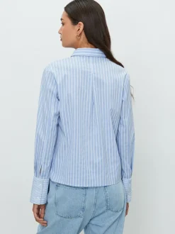 Blouses En Overhemden|Tops En T-Shirts*Next Blauw/witte streep - Fitted Stretch Essential Long Sleeve Shirt