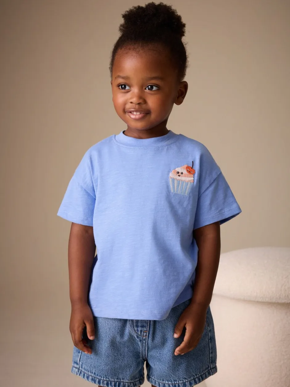 Tops|T-Shirts|Next - Short Sleeve Embroidered T-Shirt (3mths-7yrs) Blue Cupcake