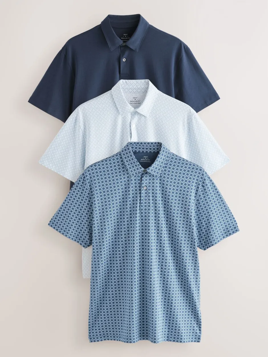 Poloshirts|Next Blue marineblauw met geometrisch motief - Set van 3 jersey poloshirts met korte mouwen