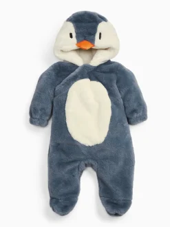 Jassen En Jacks|Mori Blue Penguin Faux Fur - Supersoft Zip Up Pramsuit