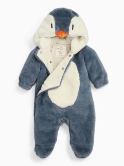 Jassen En Jacks|Mori Blue Penguin Faux Fur - Supersoft Zip Up Pramsuit