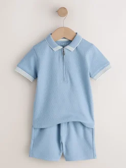 Shorts|Next Blue Zip Neck - Set van poloshirt met korte mouwen en short (3mnd-7jr)