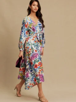 Jurken|Gelegenheidskleding*Next - V-Neck Tie Waist Long Sleeve Midi Dress Blue/Green Floral Print
