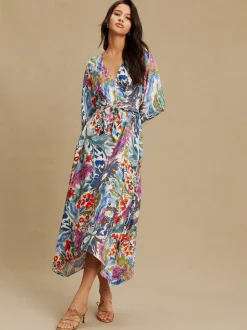 Jurken|Gelegenheidskleding*Next - V-Neck Tie Waist Long Sleeve Midi Dress Blue/Green Floral Print