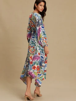 Jurken|Gelegenheidskleding*Next - V-Neck Tie Waist Long Sleeve Midi Dress Blue/Green Floral Print