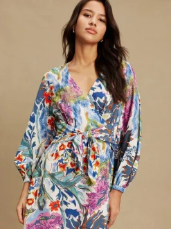 Jurken|Gelegenheidskleding*Next - V-Neck Tie Waist Long Sleeve Midi Dress Blue/Green Floral Print