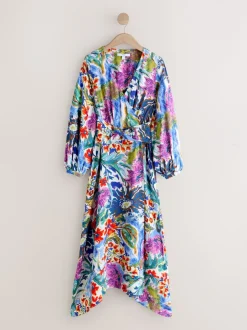 Jurken|Gelegenheidskleding*Next - V-Neck Tie Waist Long Sleeve Midi Dress Blue/Green Floral Print