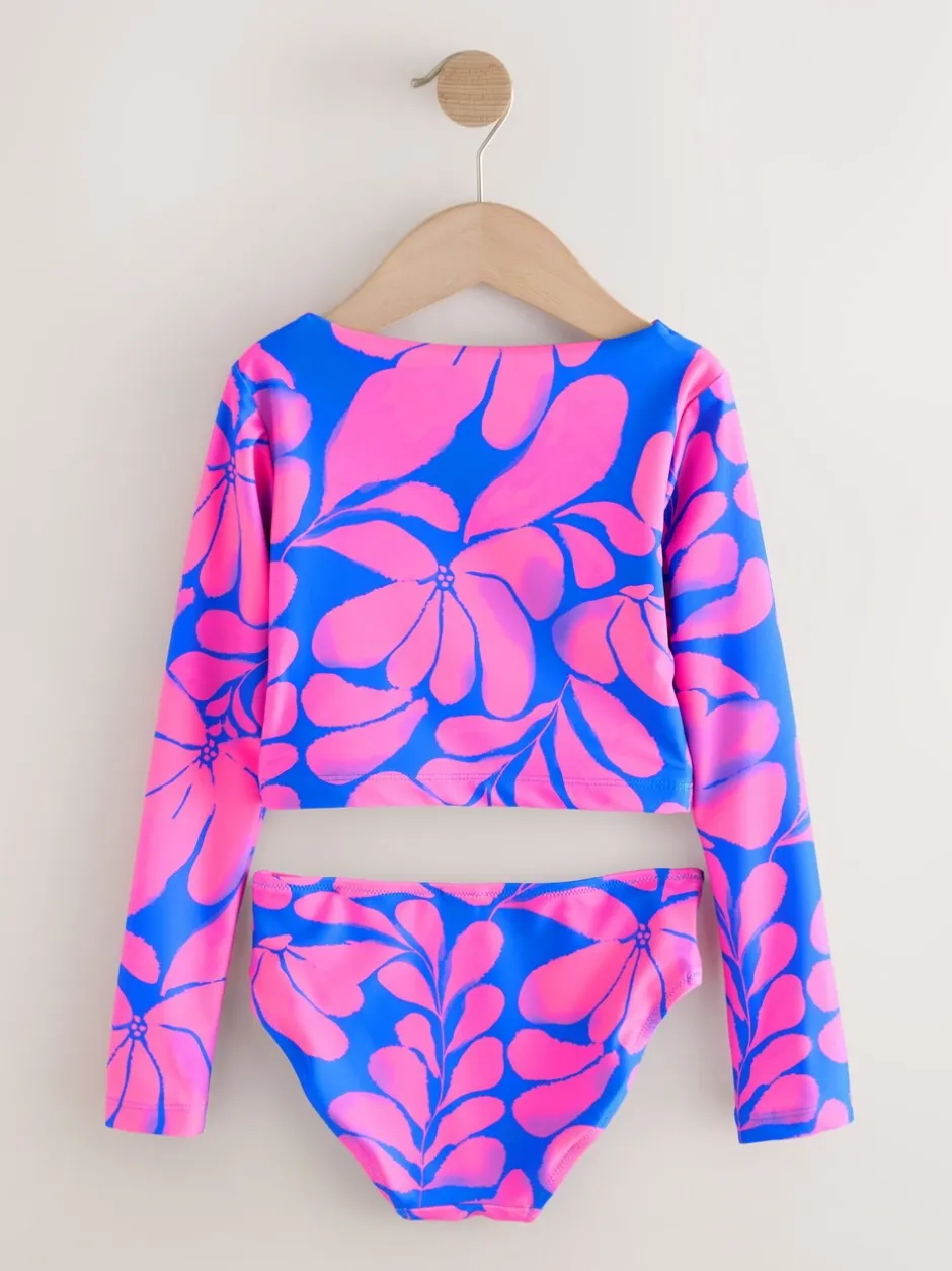 Badkleding|Next Blue/Pink Floral Print - Bikini met lange mouwen (3-16 jr)
