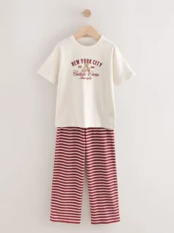 Nachtkleding En Pyjama's|Pyjama's|Next Bordeaux/Ecru Strepen beer - Set van 2 pyjama's met zachte, gevouwen tailleband (4-16jr)