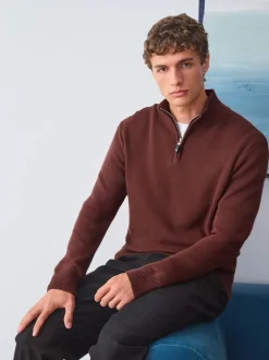 Gebreide Kleding|Next Bordeauxrood - Effen - Regular fit 100% katoenen premium trui met korte rits