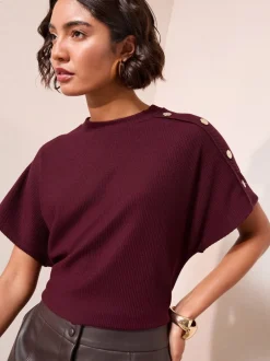 Gelegenheidskleding|Friends Like These - Button Detail Short Sleeve Top Bordeauxrood