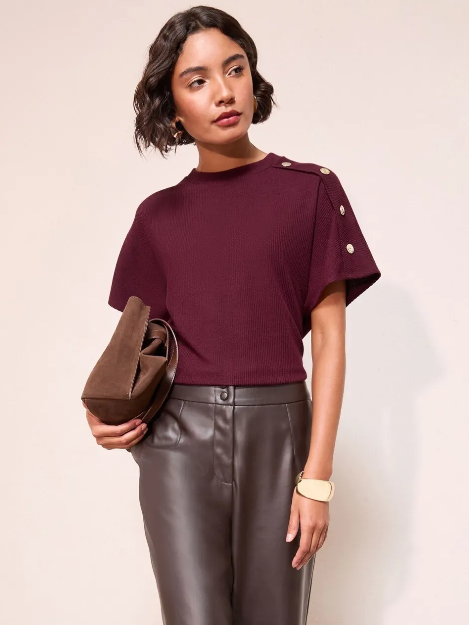 Gelegenheidskleding|Friends Like These - Button Detail Short Sleeve Top Bordeauxrood