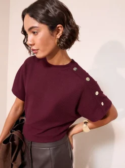 Gelegenheidskleding|Friends Like These - Button Detail Short Sleeve Top Bordeauxrood