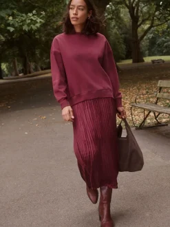 Gelegenheidskleding|Gebreide Kleding*Next - 2-In-1 Sweatshirt met Satijnen Midi Rok Bordeauxrood