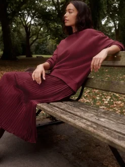 Gelegenheidskleding|Gebreide Kleding*Next - 2-In-1 Sweatshirt met Satijnen Midi Rok Bordeauxrood