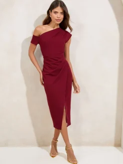 Gelegenheidskleding|Jurken*Lipsy - - Midi-jurk met blote schouders en gerimpelde taille Bordeauxrood