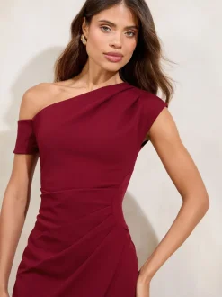 Gelegenheidskleding|Jurken*Lipsy - - Midi-jurk met blote schouders en gerimpelde taille Bordeauxrood