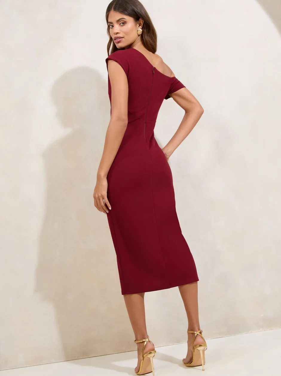 Gelegenheidskleding|Jurken*Lipsy - - Midi-jurk met blote schouders en gerimpelde taille Bordeauxrood