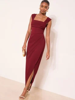 Gelegenheidskleding|Jurken*Lipsy - Square Neck Short Sleeve Ruched Maxi Dress Bordeauxrood