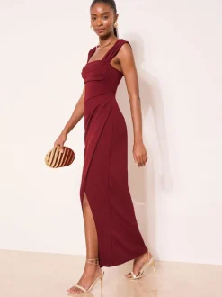Gelegenheidskleding|Jurken*Lipsy - Square Neck Short Sleeve Ruched Maxi Dress Bordeauxrood