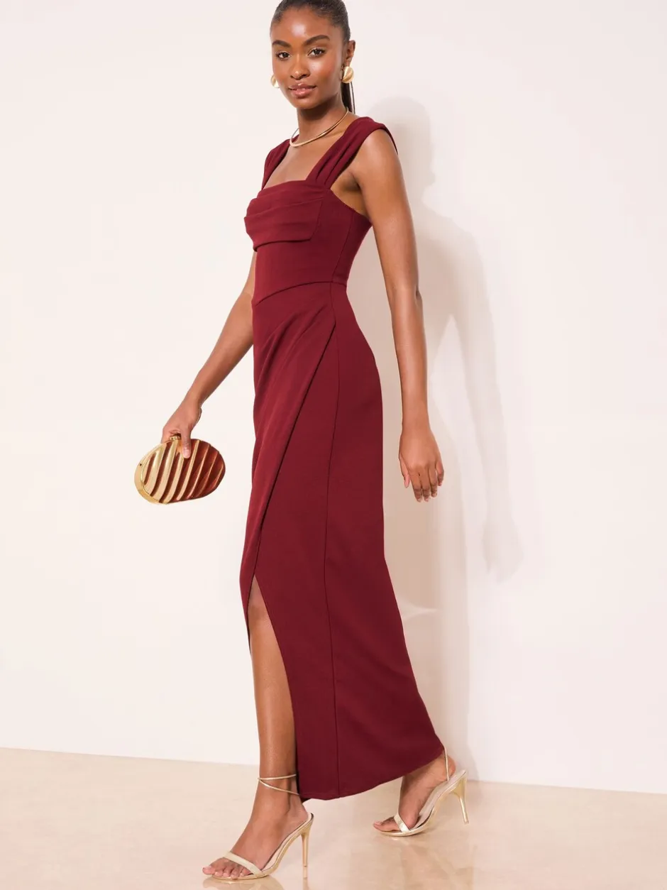 Gelegenheidskleding|Jurken*Lipsy - Square Neck Short Sleeve Ruched Maxi Dress Bordeauxrood