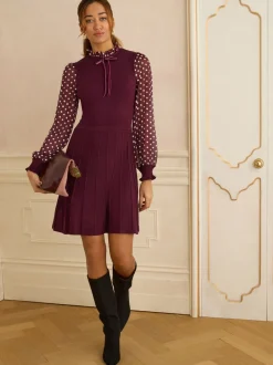 Jurken|Love & Roses - Frill Neck Chiffon Sleeve Knitted Mini Dress Bordeauxrood
