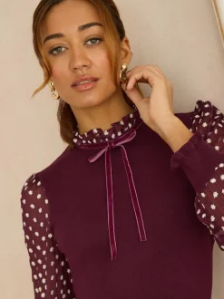 Jurken|Love & Roses - Frill Neck Chiffon Sleeve Knitted Mini Dress Bordeauxrood