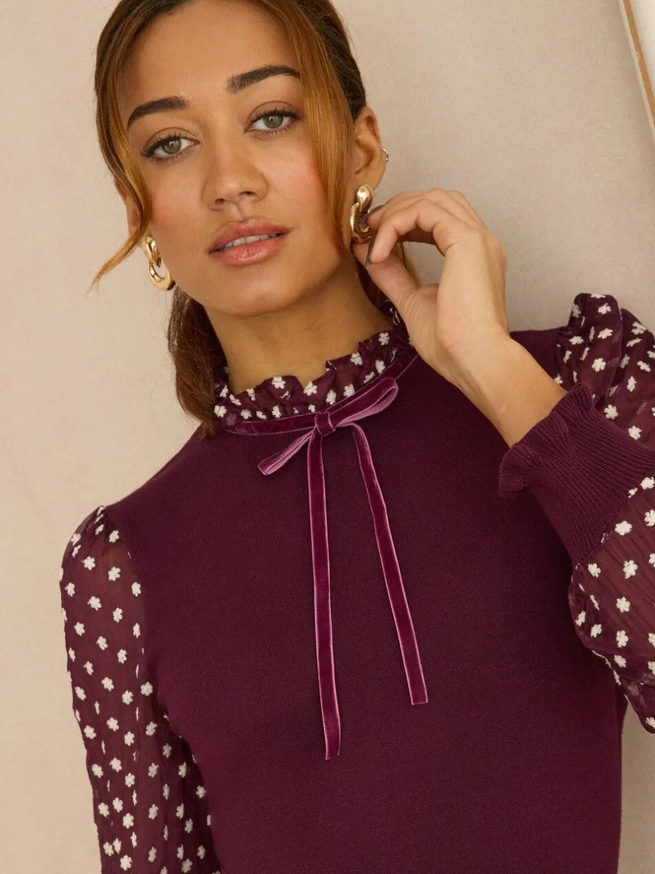 Jurken|Love & Roses - Frill Neck Chiffon Sleeve Knitted Mini Dress Bordeauxrood